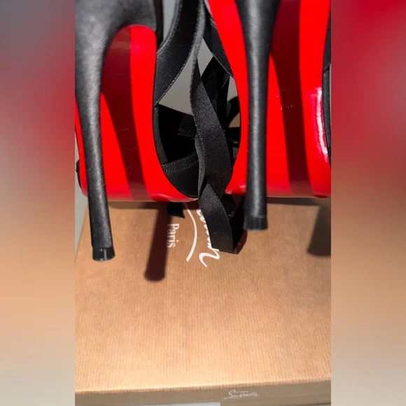 Christian Louboutin Cassis Lace-Up Black Satin Pumps - Picture 7 of 9